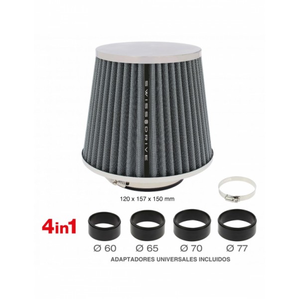 Filtro de Aire Universal para Coche Incluye 4 Adaptadores 60mm 65mm 70mm 77mm Color Gris